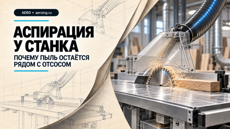 Аспирация у деревообрабатывающего станка: местный отсос над зоной резания и подключённый воздуховод