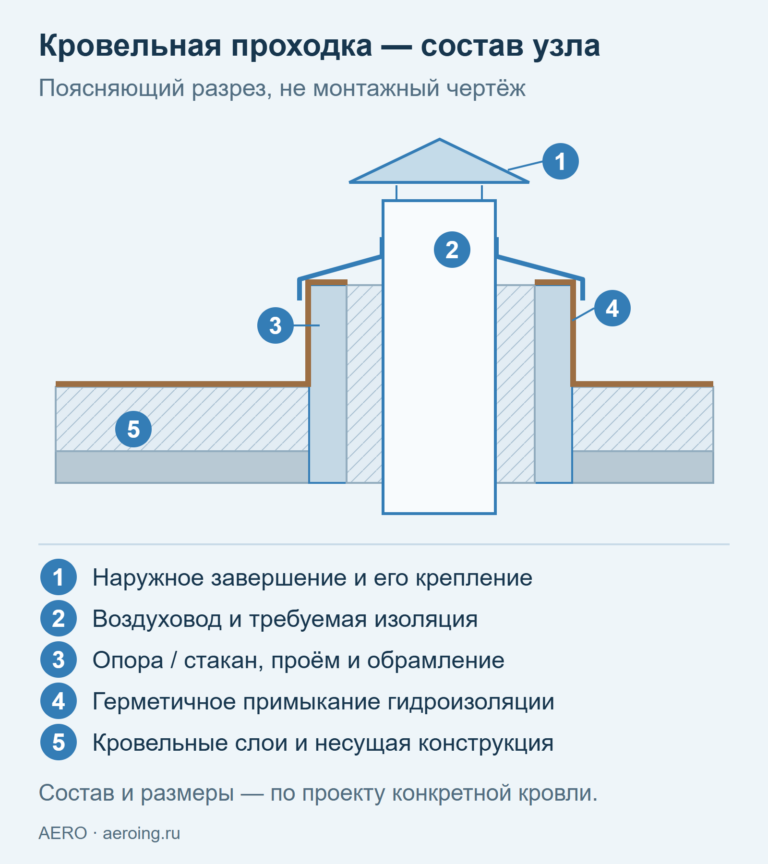 Поясняющий разрез кровельной проходки: наружное завершение, воздуховод, опорный узел, гидроизоляция и слои кровли