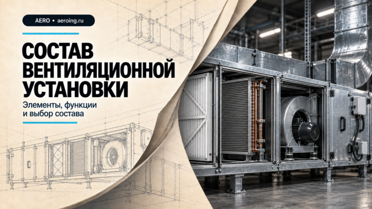 Состав вентиляционной установки: чертёж переходит в объёмную иллюстрацию секций фильтра, теплообменника и вентилятора.