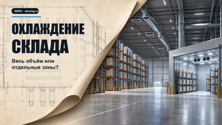 Кондиционирование склада: план зон переходит в изображение общего зала и отдельной охлаждаемой зоны