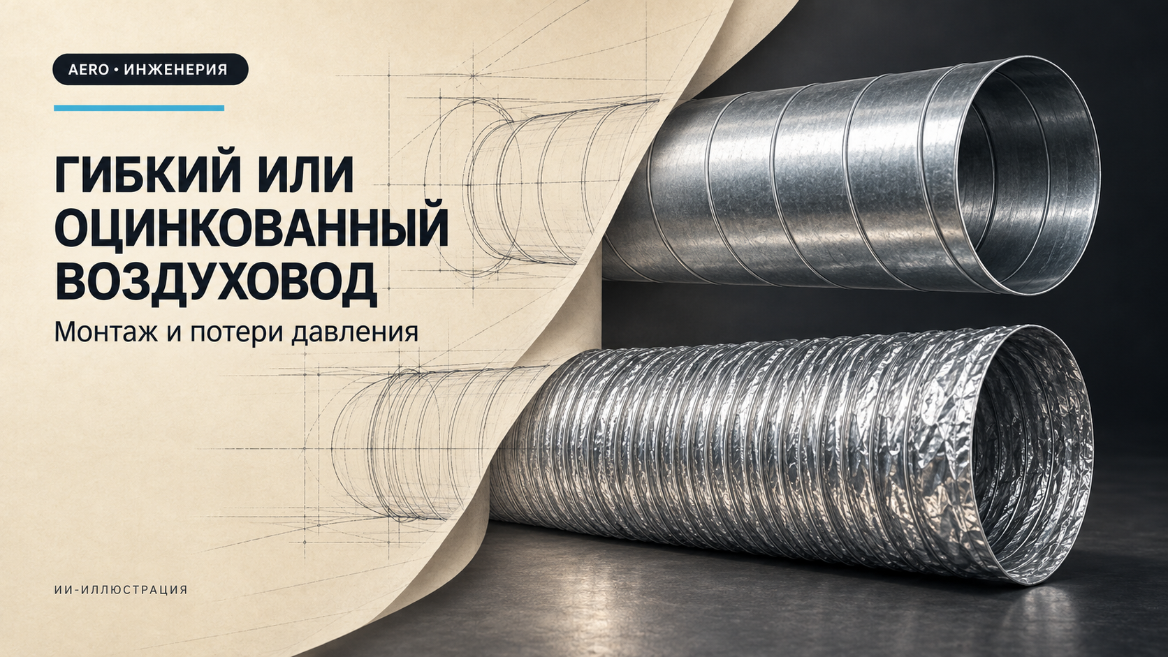 ИИ-иллюстрация: гибкий алюминиевый и жёсткий оцинкованный воздуховоды, переход от чертежа к объёмному изображению.