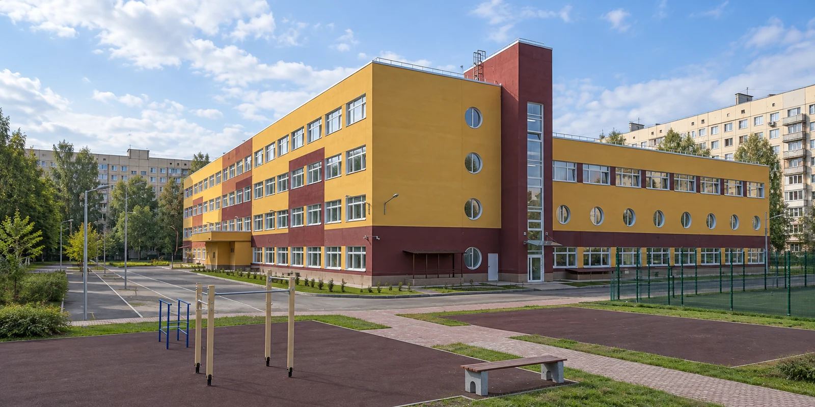 Архитектурная иллюстрация школьного комплекса в Металлострое: учебный корпус и примыкающие помещения