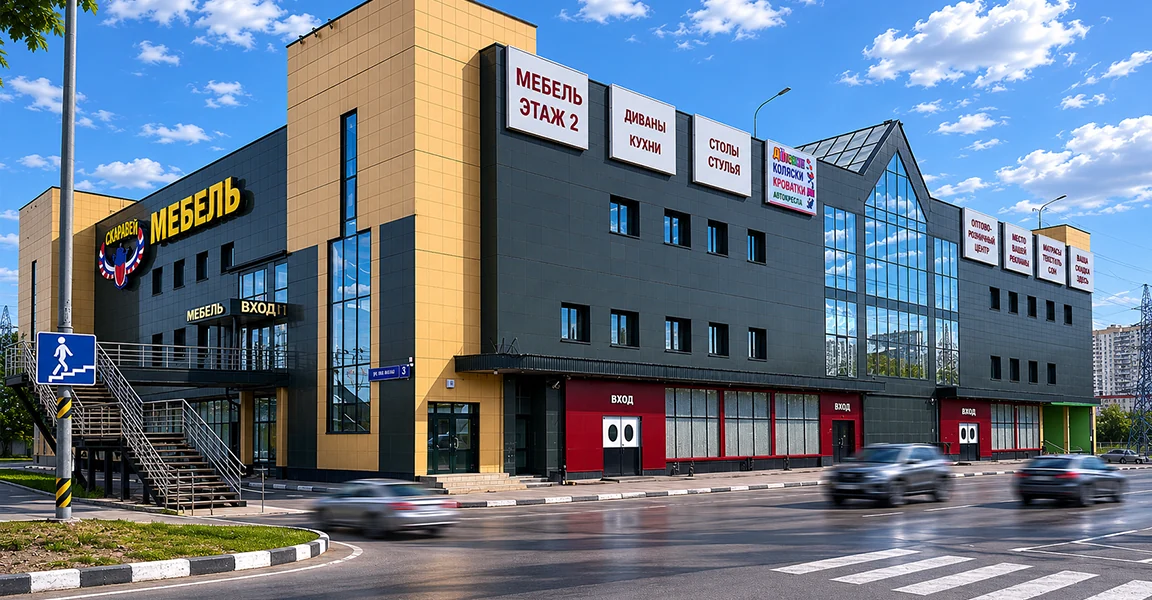 Общий вид здания торгового центра: протяжённый фасад и остеклённый входной объём