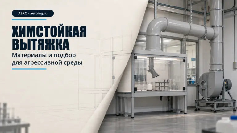 Химстойкая вытяжка: местный шкаф, воздуховод и вентилятор; рисунок продолжает скрытую бумажным сгибом часть той же сцены